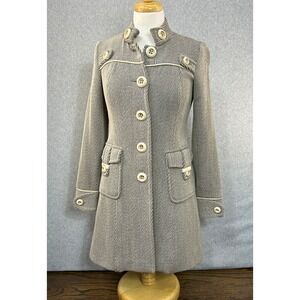 Liquid Womens‎ Size 4 Brown Striped 100% Wool Button Front Coat Jacket Military